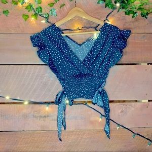 Shein crop top with ruffled sleeves. White polka dots on emerald green blue